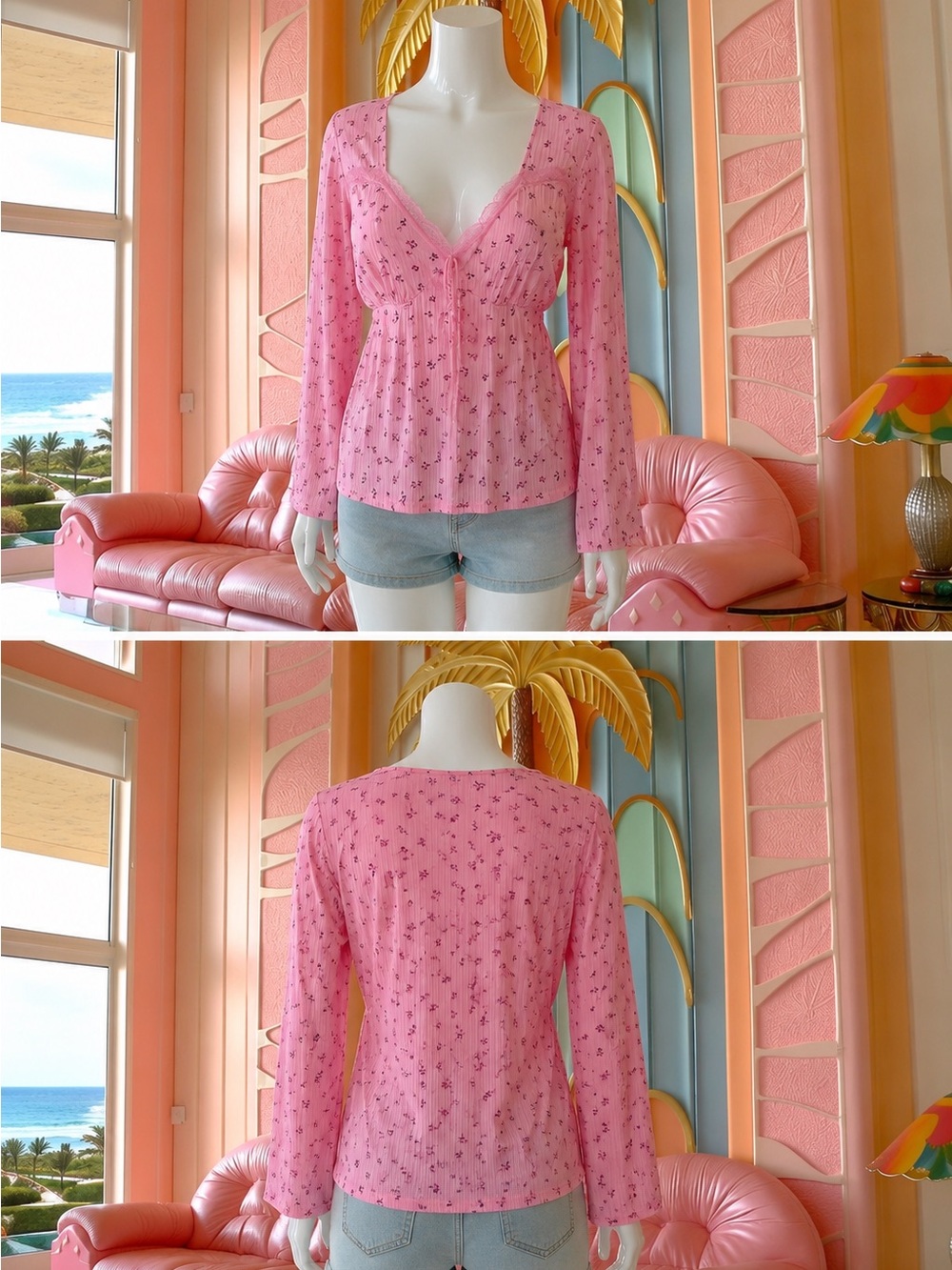 SHEIN Pink Floral V-Neck Peasant Blouse